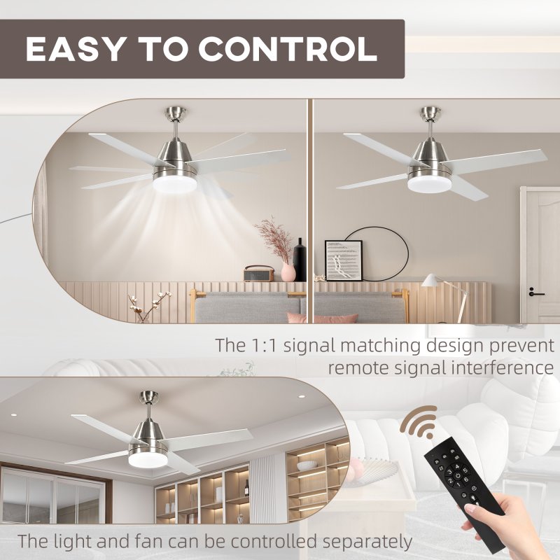 HOMCOM 50" Ceiling Fan with Lights and Remote, Quiet DC Motor Fans with 4 Reversible Blades, 6 Speeds and Timer for Bedroom, Living Room, Silver and Black