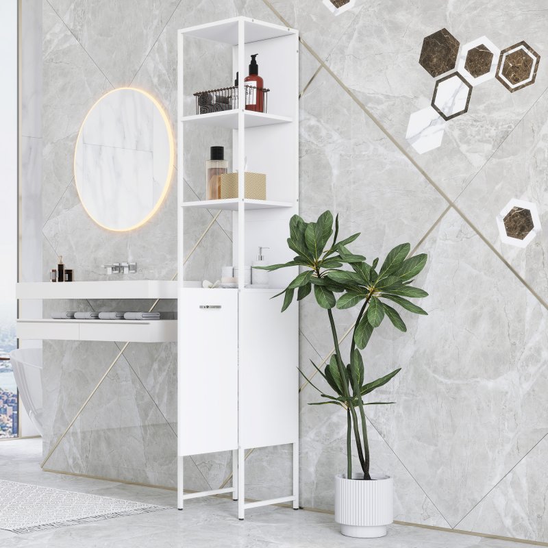 HOMCOM Tall Bathroom Cabinet, Slim Bathroom Storage Cabinet with 3 Open Shelves and Adjustable Shelf, Freestanding Storage Cupboard, 33 x 33 x 185 cm