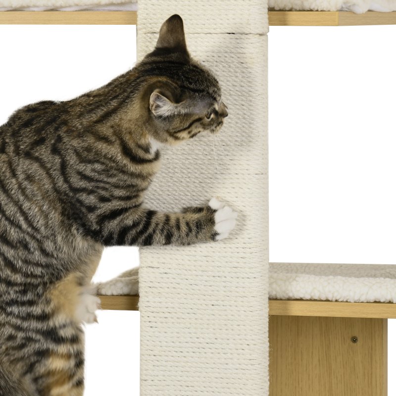 PawHut Cat Tree for Indoor Cats, Four-Layer Wall-Mounted Shelf, Cat Wall Furniture, Kitten Perch Climber Furniture w/ Cushions, Scratching Board - Oak Tone