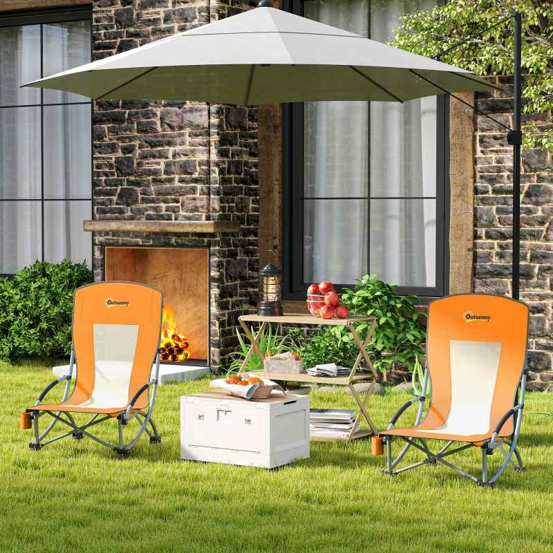 Outsunny Set of 2 Folding Beach Chair, Low Camping Chair with Mesh Back, Carry Bag and Cup Holder for Garden Outdoor Picnic Festival Travel, Orange