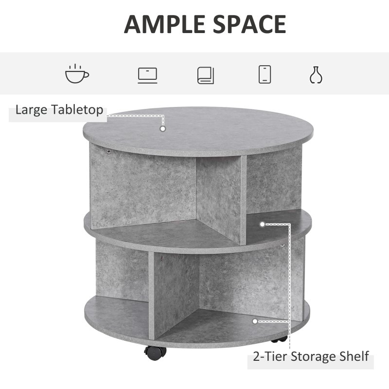 HOMCOM Round Coffee Table, Movable Centre Table with Divided Shelves and Rolling Wheels, 3 Tier Living Room Table