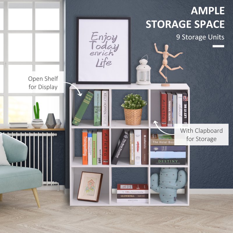 HOMCOM 3 Tier Bookshelf, Modern Cube Bookcase with 9 Open Storage Compartments, Freestanding Display Storage Unit for Living Room, Bedroom, Study, White