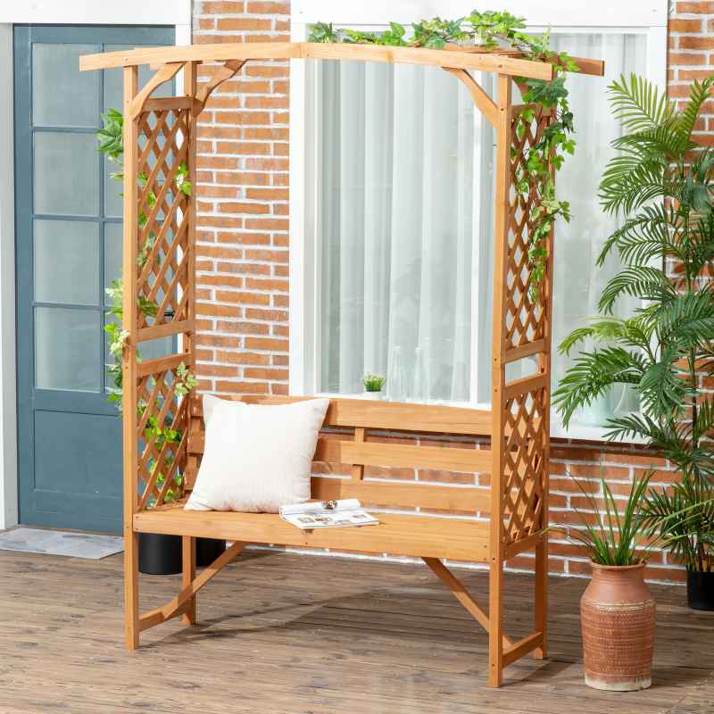 Outsunny Garden Bench, Arch Pergola with Natural Wooden Garden Arbour with Seat for Vines/Climbing Plants for Outdoor Space, Brown