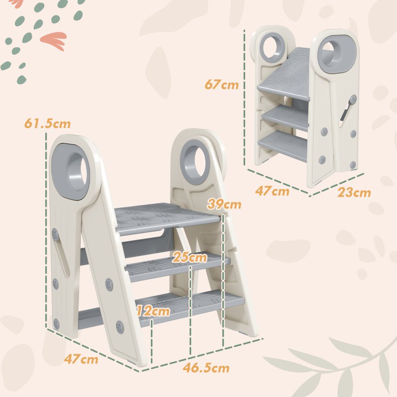 AIYAPLAY Kids Step Stool, Foldable Toddler Kitchen Stool, Adjustable Standing Tower with Handle, Non-Slip for Bathroom, Sink, Kitchen, Counter, Toilet Potty Training, Grey