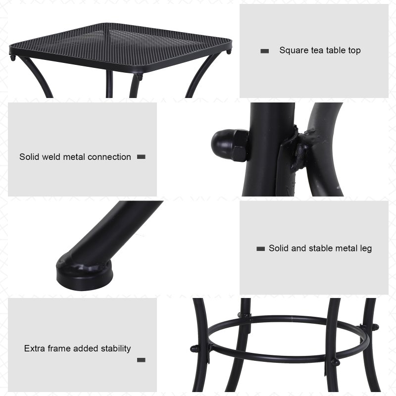 Outsunny 45cm Square Garden Table, Outdoor Metal Bistro Side Desk with Mesh Top, Black