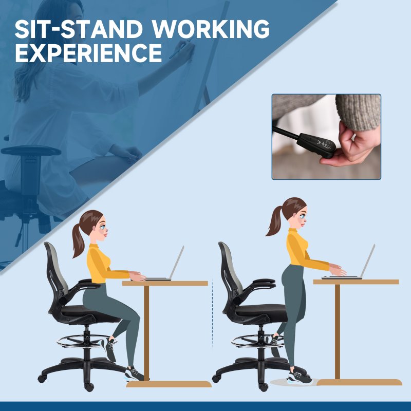 Vinsetto Draughtsman Chair with Flip-up Armrests, Mesh Standing Desk Chair with Lumbar Support and Adjustable Foot Ring for Bar Counter, Dark Grey