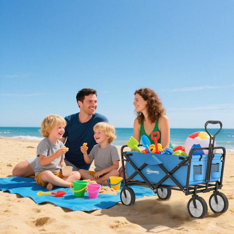 Outsunny 90L Festival Trolley on Wheels, Folding Camping Trolley Cart with Adjustable Handle, Portable for Outdoor, Garden, Shopping, Fishing, Blue