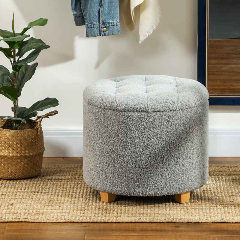 HOMCOM 45cm Round Storage Ottoman, Teddy Fleece Footstool with Removable Lid and Wood Legs, Button Tufted Vanity Stool for Living Room Bedroom Hallway