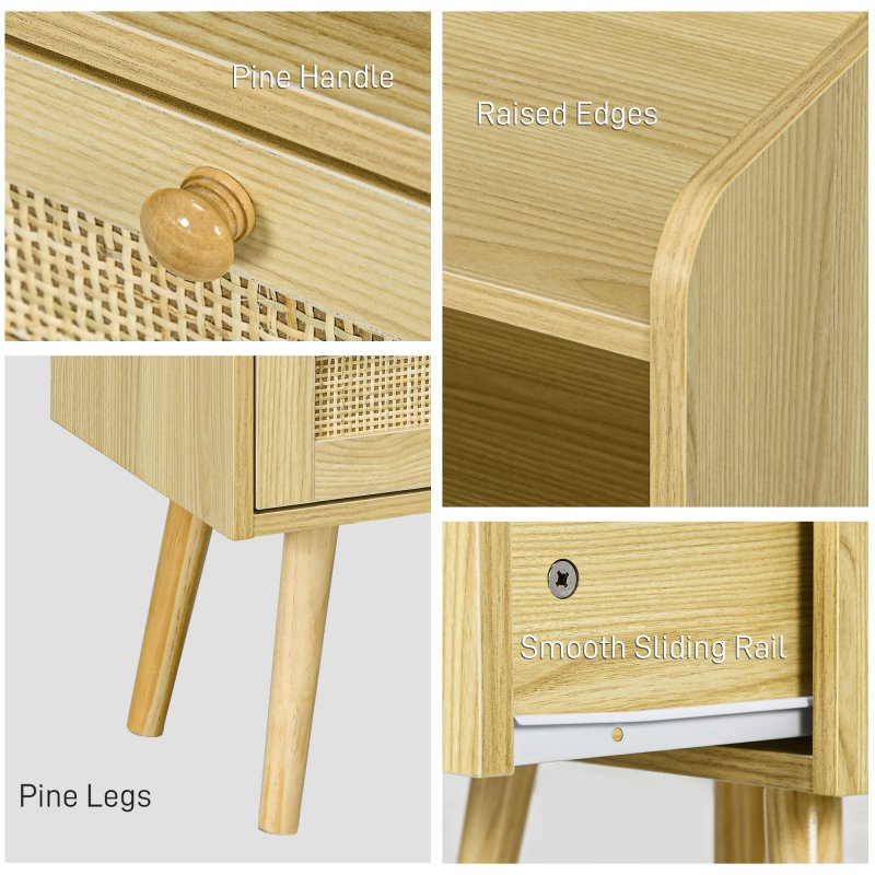 HOMCOM Bedside Tables Set of 2, Boho Styled Nightstand with Drawer, Storage Compartment and Rattan Accent, Side End Table for Bedroom, 40 x 30 x 60cm, Natural Wood Finish