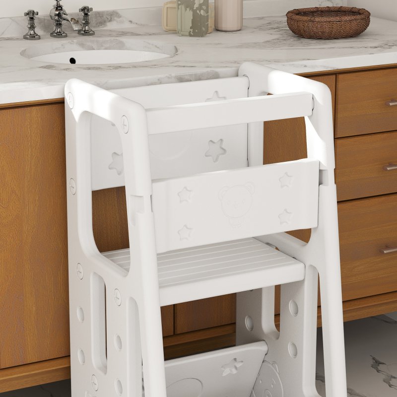 HOMCOM Kids Step Stool, Adjustable Standing Platform, Toddler Kitchen Stool, Standing Tower for Kids, Kitchen Counter with Three Adjustable Heights - White