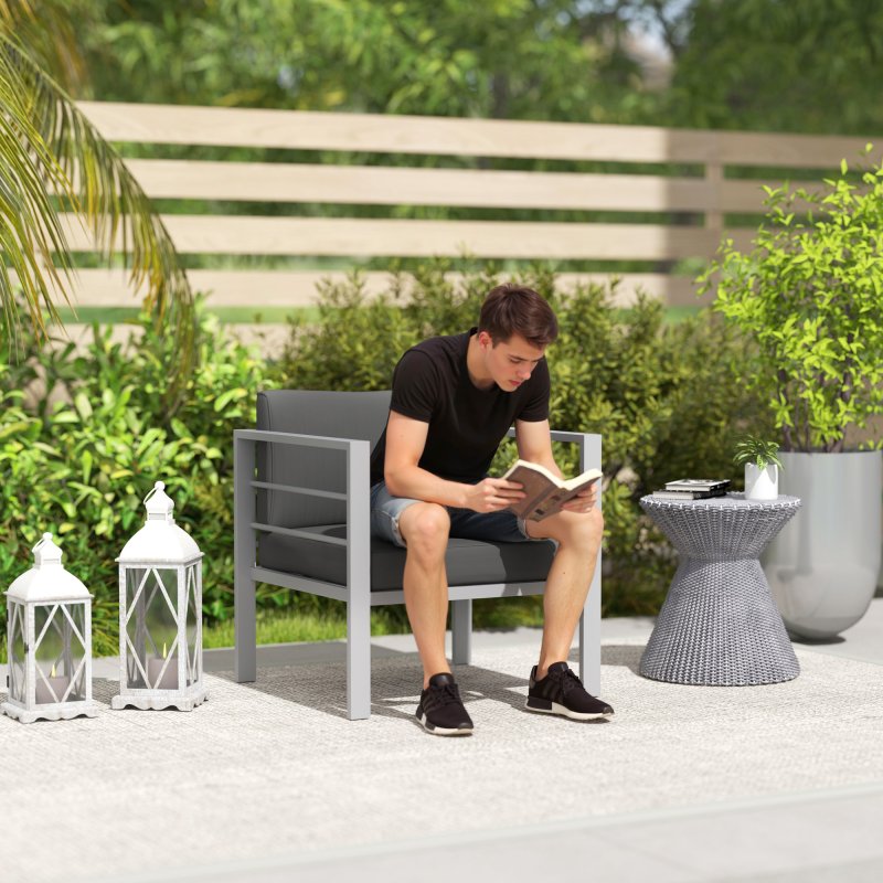 Outsunny Garden Sofa, All-Weather Garden Single Sofa with Removable Cushions, Metal Frame Outdoor Furniture for Balcony, Charcoal Grey