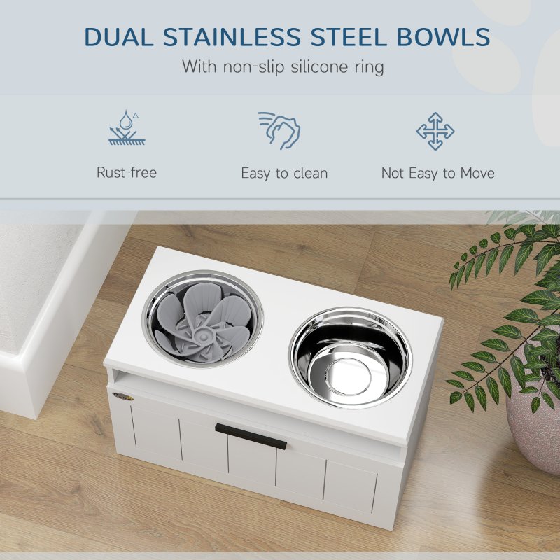 PawHut Raised Dog Bowl, Elevated Pet Bowls with Slow Feeder, Two Stainless Steel Bowls, Drawer, for Large & Extra Large Dogs, White