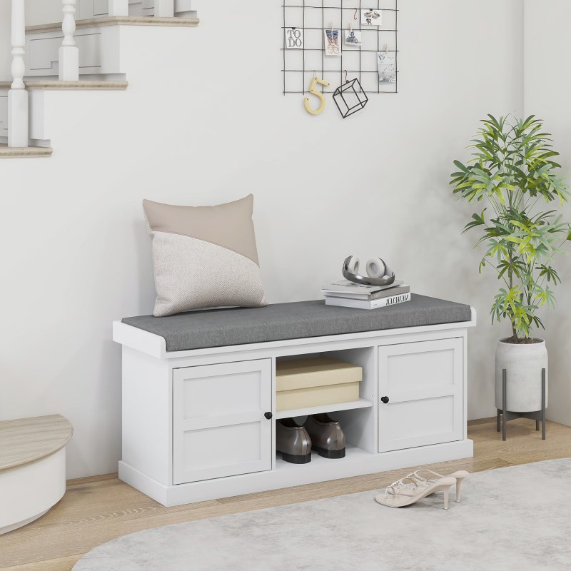 HOMCOM Shoe Bench with Seat, Shoe Storage Bench with Cushion, 2 Cabinets and Adjustable Shelf for Entryway, Hallway, Living Room, Bedroom, White