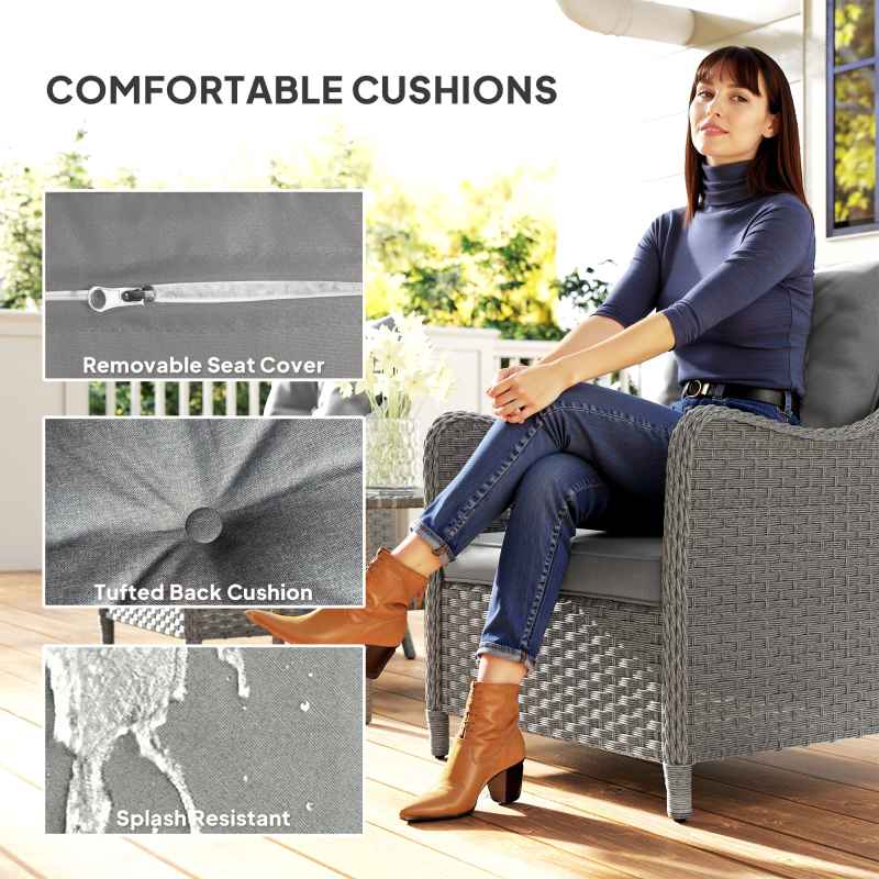 Outsunny Rattan Garden Chairs Set of 2, Outdoor Rattan Chairs with Cushions, Armrests and High Back, PE Wicker Garden Armchair with Steel Frame for Balcony, Porch, Dark Grey
