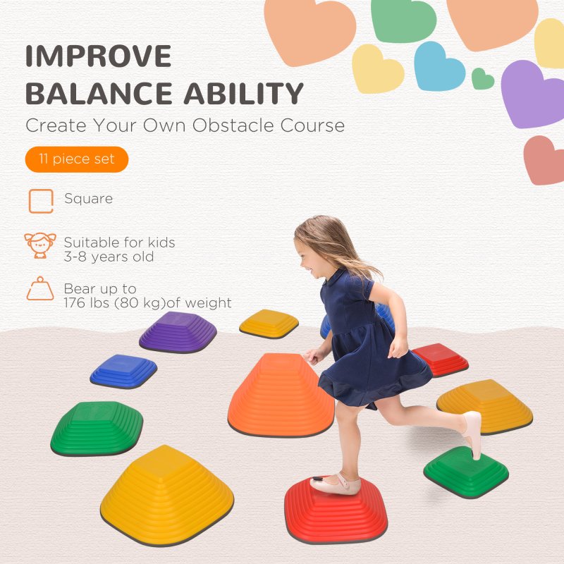 AIYAPLAY Balance Stepping Stones for Kids, 11-Piece Non-Slip Stackable River Stones, Obstacle Courses for Balance and Motor Skills, Indoor Outdoor Sensory Toy Gift for Ages 3-8 Years