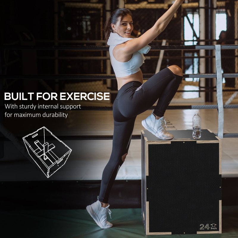 SPORTNOW 3-in-1 Wooden Plyo Box, Anti-Slip Plyometric Jump Platform, Step Up Exercise Box with Handle Openings for Home Gym, Workout Training, 41/51/61cm