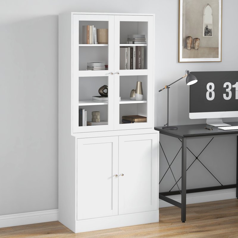 HOMCOM Modern Bookcase with Glass Doors, Display Storage Cabinet with Adjustable Shelves for Living Room, Study, Office