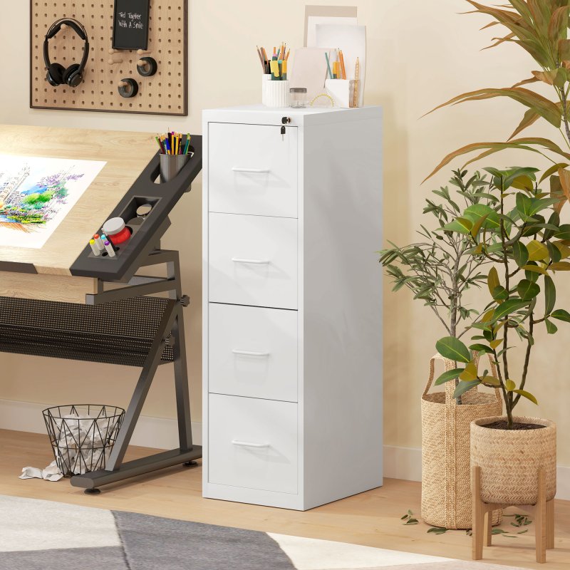 HOMCOM 4 Drawer Filing Cabinet, Vertical File Cabinet with Adjustable Hanging Bar for A4 and Letter Size, Steel Printer Stand for Home Office, White