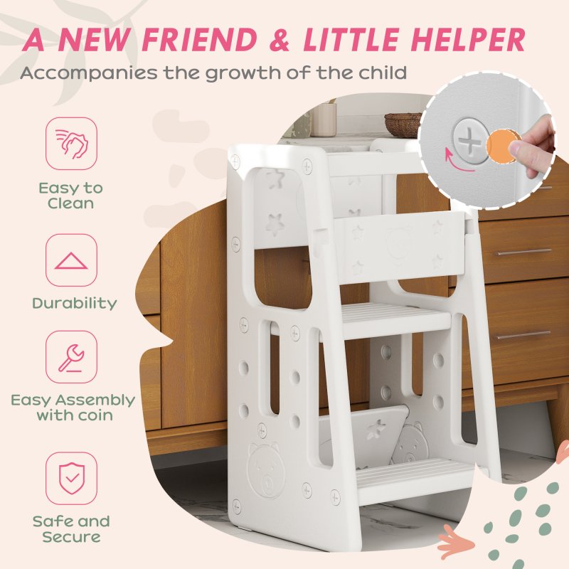 HOMCOM Kids Step Stool, Adjustable Standing Platform, Toddler Kitchen Stool, Standing Tower for Kids, Kitchen Counter with Three Adjustable Heights - White
