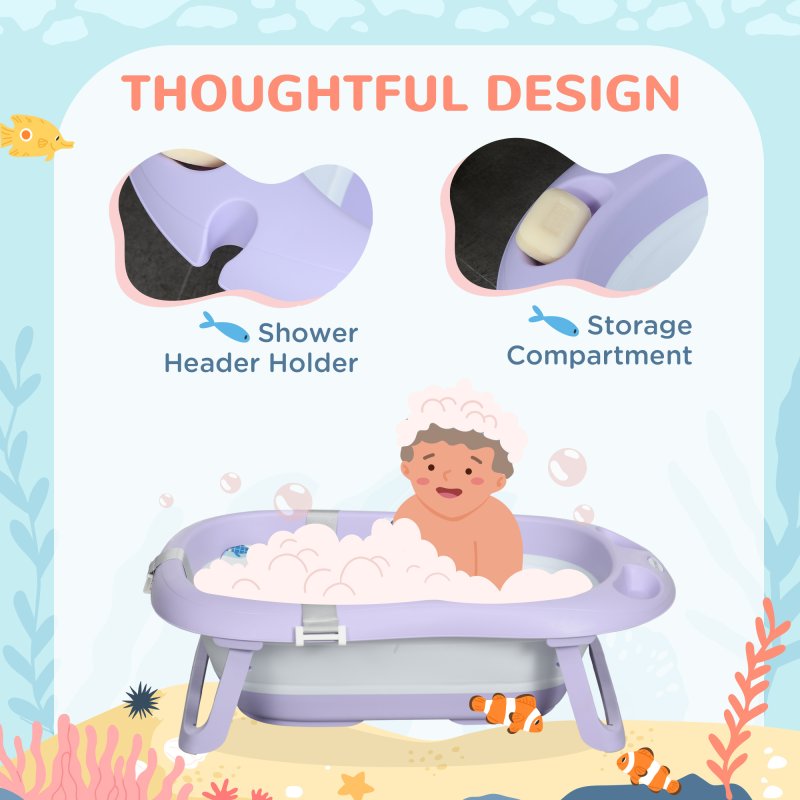 ZONEKIZ Foldable Baby Bath Tub Set, Collapsible Bathtub Antibacterial with Non-Slip Support, Cushion Pad, Shower Head Holder, for Newborn to Toddler Ages 0-6 Years - Purple