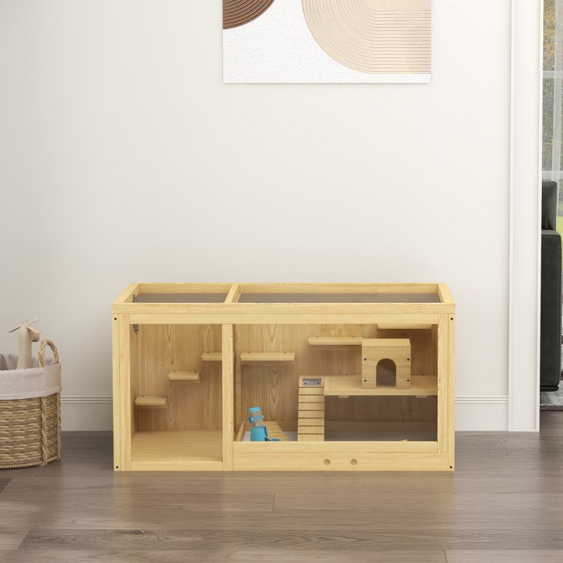 PawHut Wooden Hamster Cage with Water Bottle, Small Animal Exercise Play House with Platforms, Openable Roof, Sliding Tray, Hut, Seesaws, Natural Wood Finish