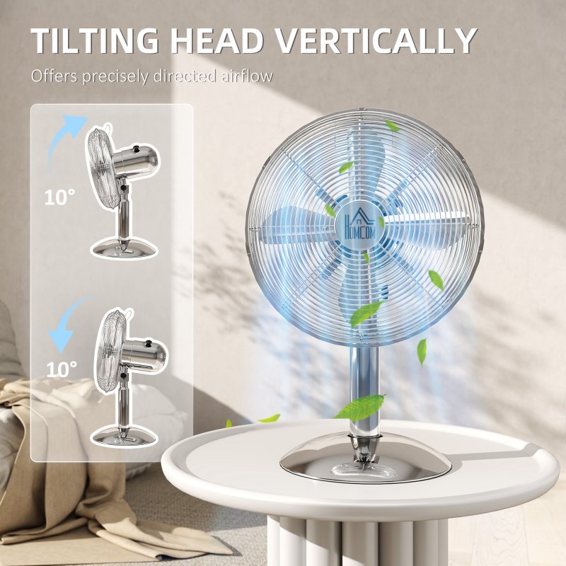 HOMCOM 12" Metal Desk Fan with 3 Speed Settings, Wide-Angled Oscillation, Adjustable Tilt, Portable Table Fan for Bedroom or Home Office, Silver Tone