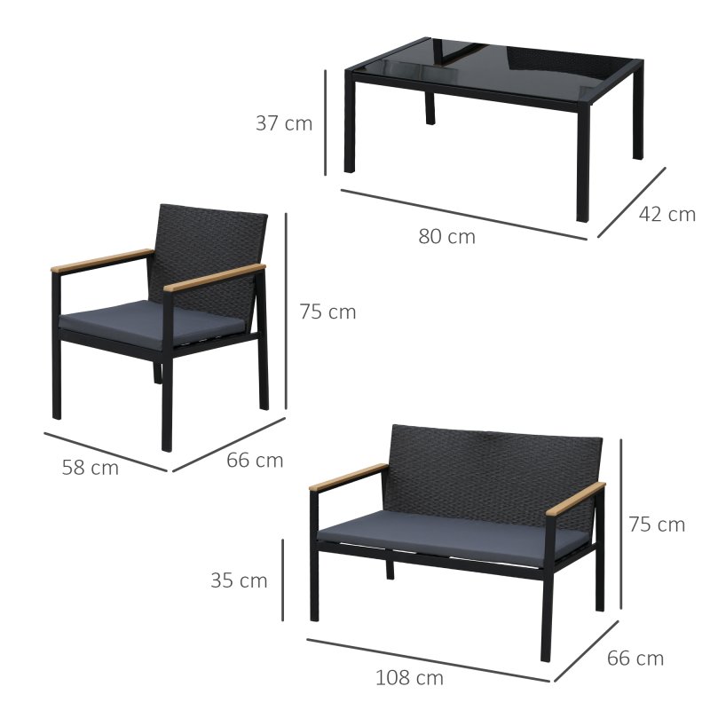 Outsunny 4 Pieces Rattan Garden Furniture Set, 4 Seater Garden Sofa Set with Loveseat, 2 Armchairs and Glass Top Coffee Table, Wicker Outdoor Conservatory Furniture with Cushions for Patio, Black