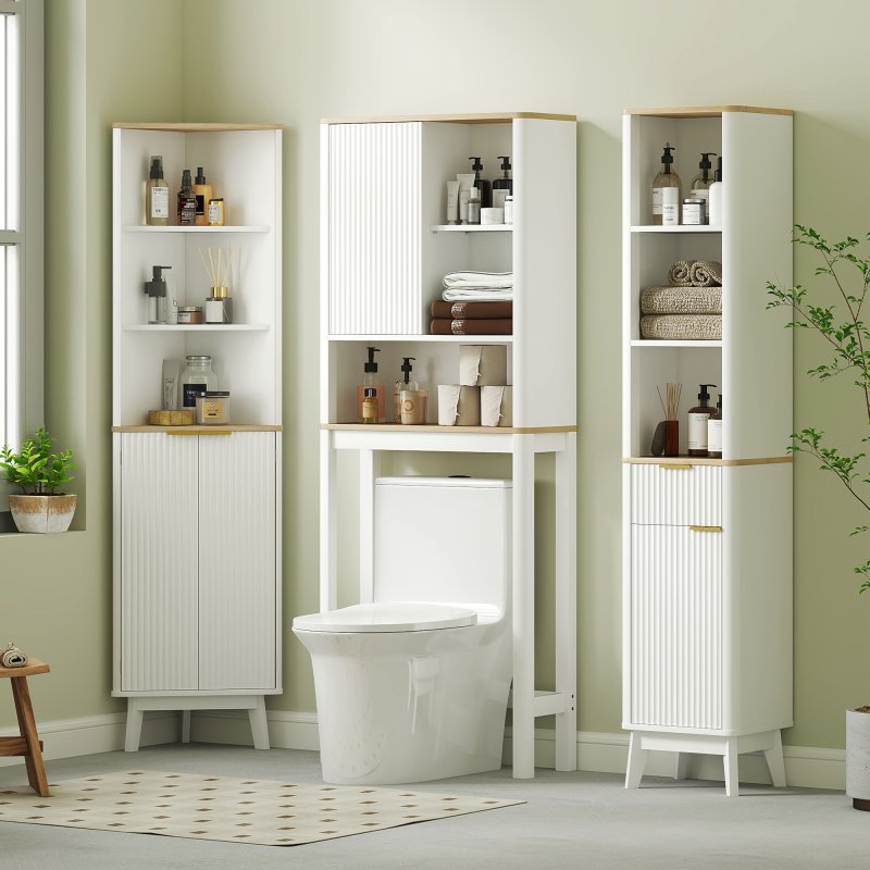 HOMCOM Tall Bathroom Storage Cabinet, Slim Bathroom Storage Unit with Doors and Adjustable Shelves, Freestanding Bathroom Cabinet with Curved Profile Design, White
