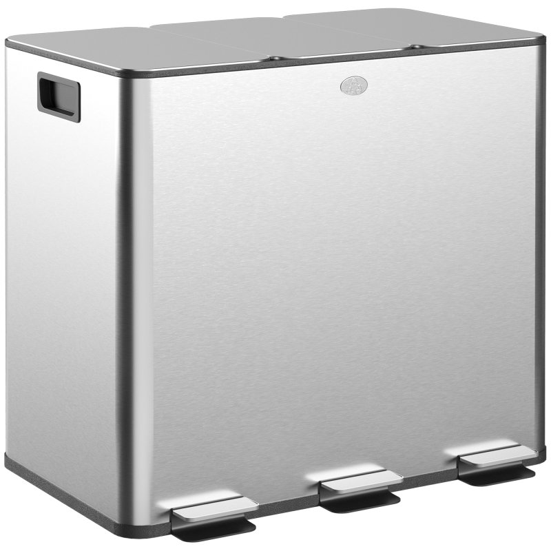 HOMCOM Triple Kitchen Bin, 3 x 15L Pedal Bin, Stainless Steel Three Rubbish Bin with Removable Inner Buckets, Soft Close Lid, Fingerprint-Proof for Recycling and Waste