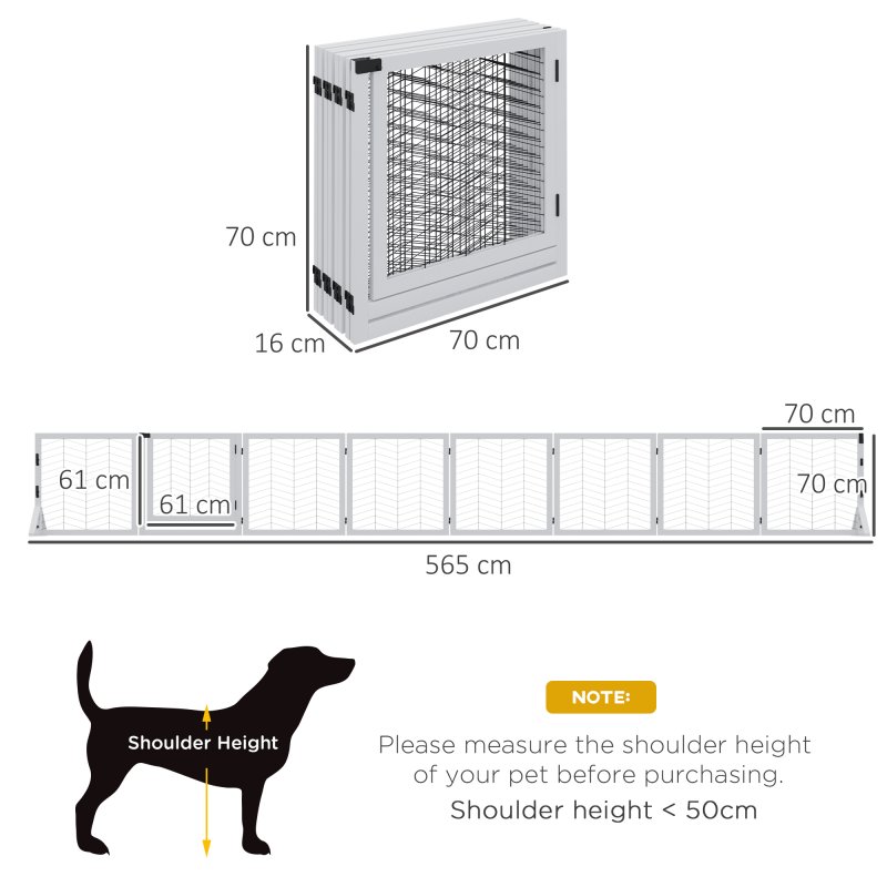 PawHut Freestanding Pet Gate, 8 Panels Dog Playpen, Foldable Dog Barrier with 2 Pcs Support Feet, for House, Doorway, Stairs, Small and Medium Dogs - White
