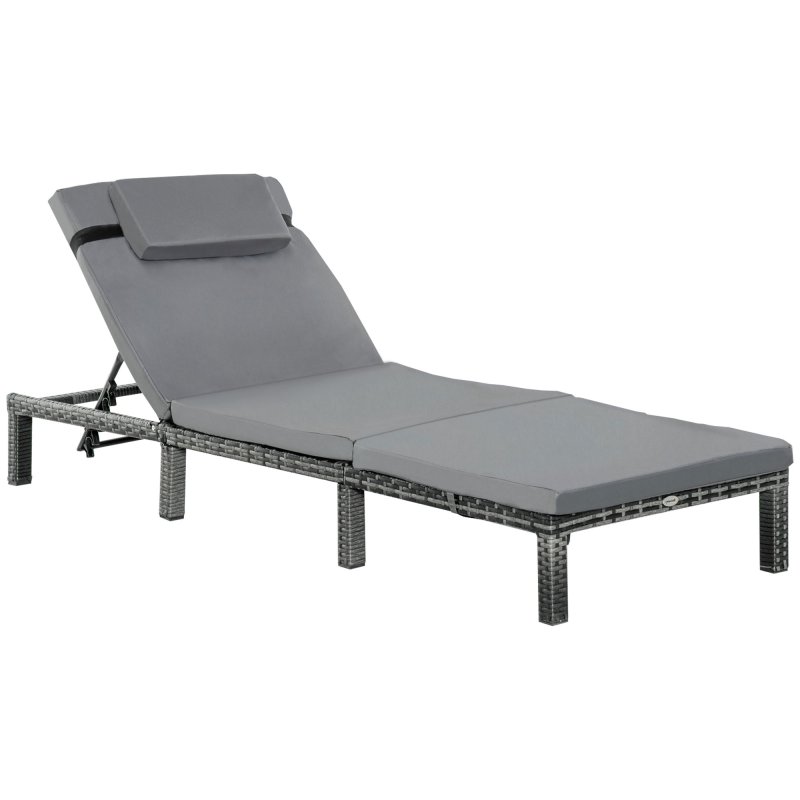 Outsunny Rattan Sun Lounger, 5-Level Adjustable Garden Lounger Recliner with Cushion and Headrest, Outdoor Reclining Sunbed, Steel Frame Garden Chair for Patio, Beach, Terrace, Dark Grey