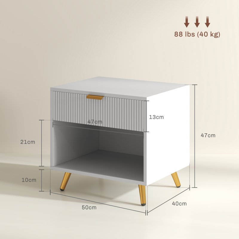 HOMCOM Bedside Table, Bedside Cabinet With Drawer and Open Compartment, Nightstand With Handle for Bedroom, Living Room, White