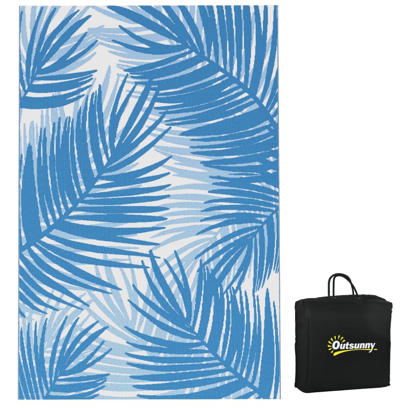 Outsunny Reversible Outdoor Rug with Carry Bag, Waterproof Plastic Straw Mat for Garden, Deck, RV, Picnic, Beach, Camping, 182 x 274cm, Blue and Cream