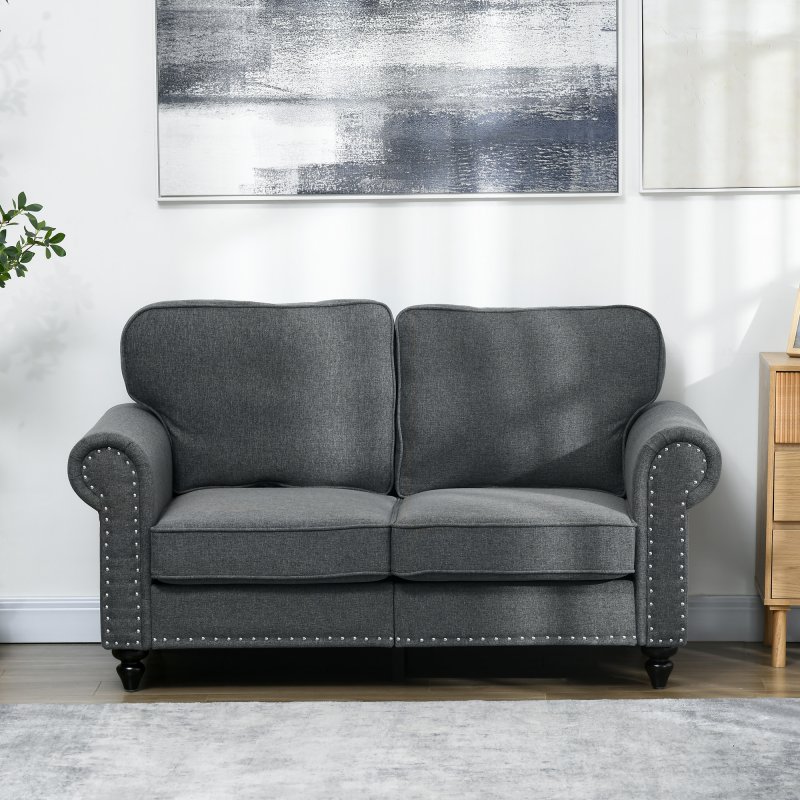 HOMCOM 2 Seater Sofa, Fabric Sofa Couch with Nailhead Trim Rolled Arm and Slatted Wood Frame, Upholstered Loveseat Settee for Living Room, Bedroom, Home Office
