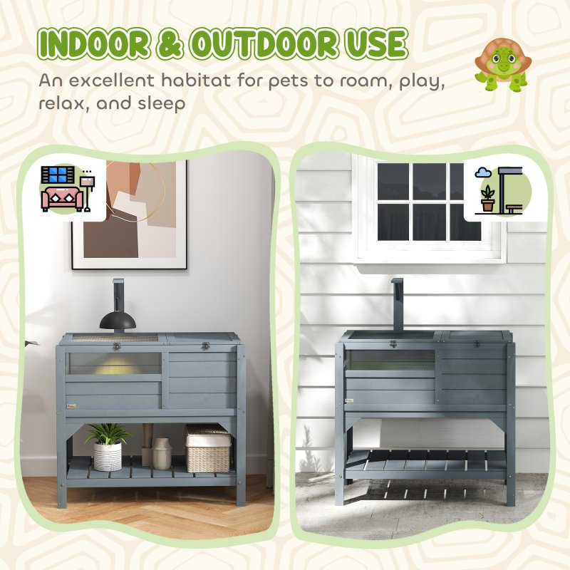 PawHut Tortoise House w/ Shelf, Small Pet Reptile Wooden House w/ Hide Shelter Den and Run, Lamp Holder, Tray, for Indoors, Outdoors - Grey