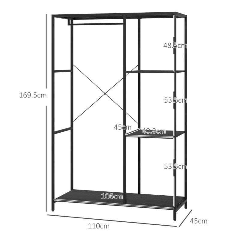 HOMCOM Coat Rack with Shoe Storage, 170cm Free Standing Hall Tree with Hanging Rail and Storage Shelves, 2-In-1 Coat Stand for Hallway, Entryway, Bedroom, Black