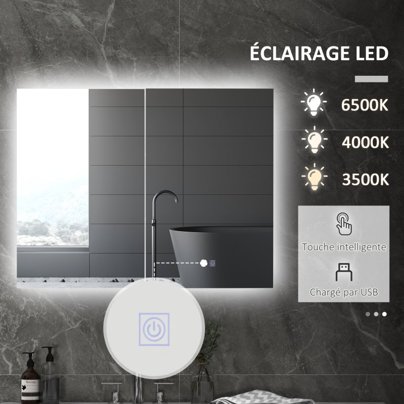 kleankin LED Lighted Bathroom Mirror Cabinet, Wall Mounted Bathroom Storage Cupboard with Adjustable Shelf, USB Powered, 90W x 15D x 70Hcm, High Gloss White
