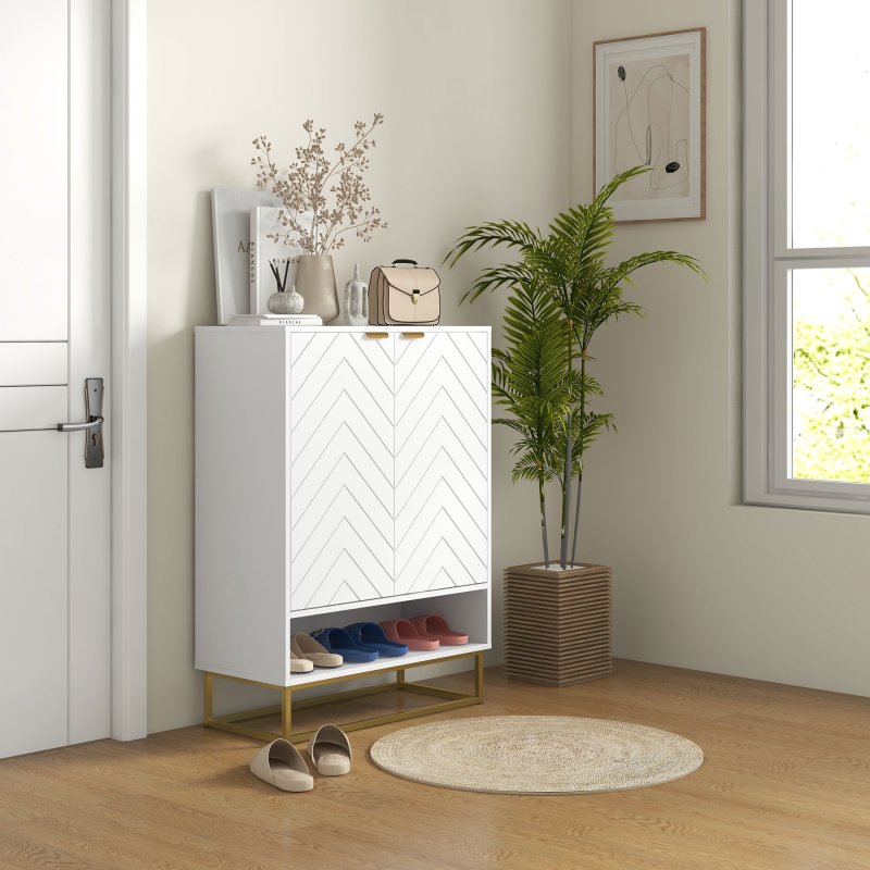 HOMCOM Shoe Cabinet, 12 Pairs Shoe Storage Cabinet with 2 Chevron Doors, Adjustable Shelf, Open Shelf and 6 Vents for Entryway, Hallway, White