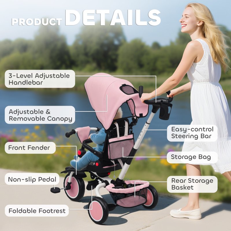 AIYAPLAY Kids Trike, 6 in 1 Toddler Tricycle with Adjustable Parent Handle & Canopy, Convertible Seat, for Ages 1-5 Years, Foldable Baby Trike with Safety Harness, Storage Basket & Bag, Pink