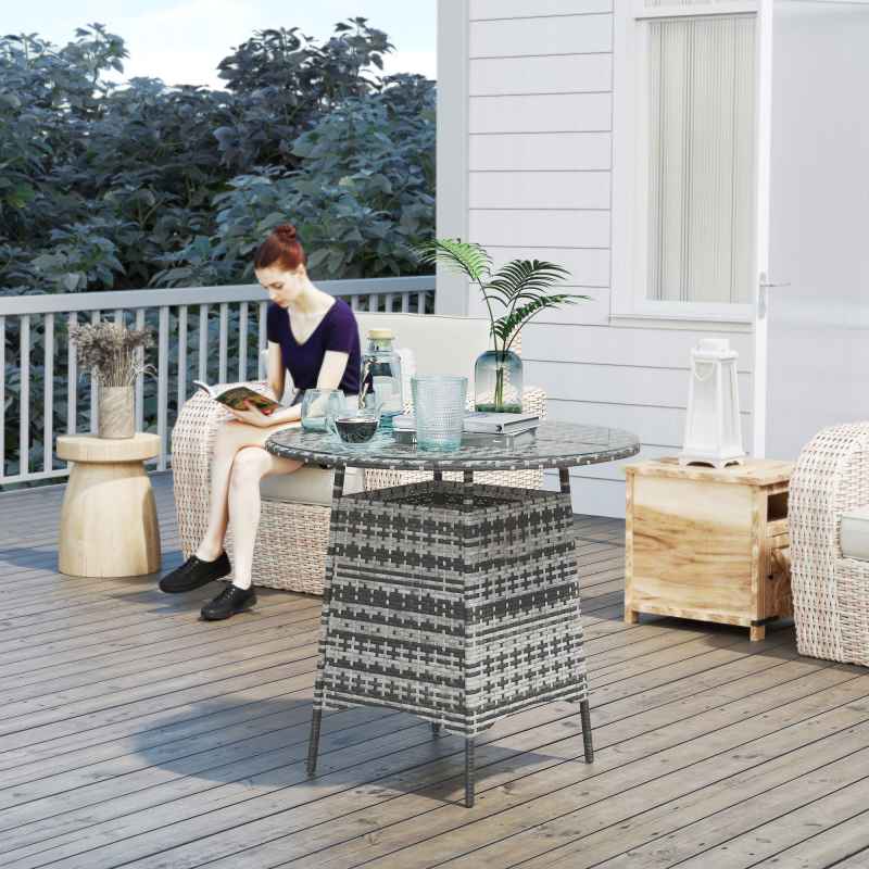 Outsunny Wicker Garden Rattan Table, Patio Furniture Outdoor Coffee Table with Umbrella Hole and Tempered Glass Top, Grey