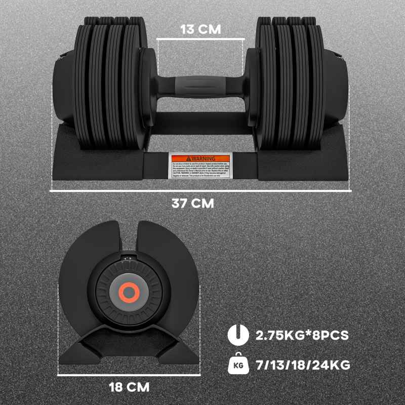 SPORTNOW 24KG Single Adjustable Dumbbell, 4-in-1 Weights with Storage Tray and Non-Slip Handle, Home Gym Fitness Equipment, Black