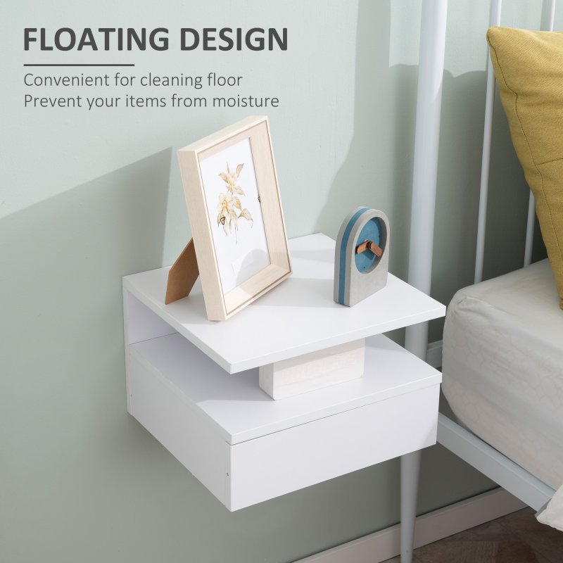 HOMCOM Floating Bedside Table Set of 2, Wall Mount Nightstands with Storage Drawer and Open Shelf for Bedroom, White