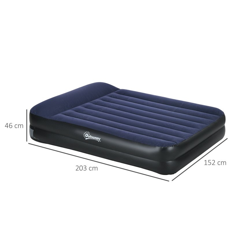 Outsunny King Size Bed with Built-in Electric Pump and Integrated Pillow, Inflatable Mattress with Carry Bag, Flocked Surface, Blow Up Airbed for Guest, Camping, Travel, 203 x 152 x 46cm