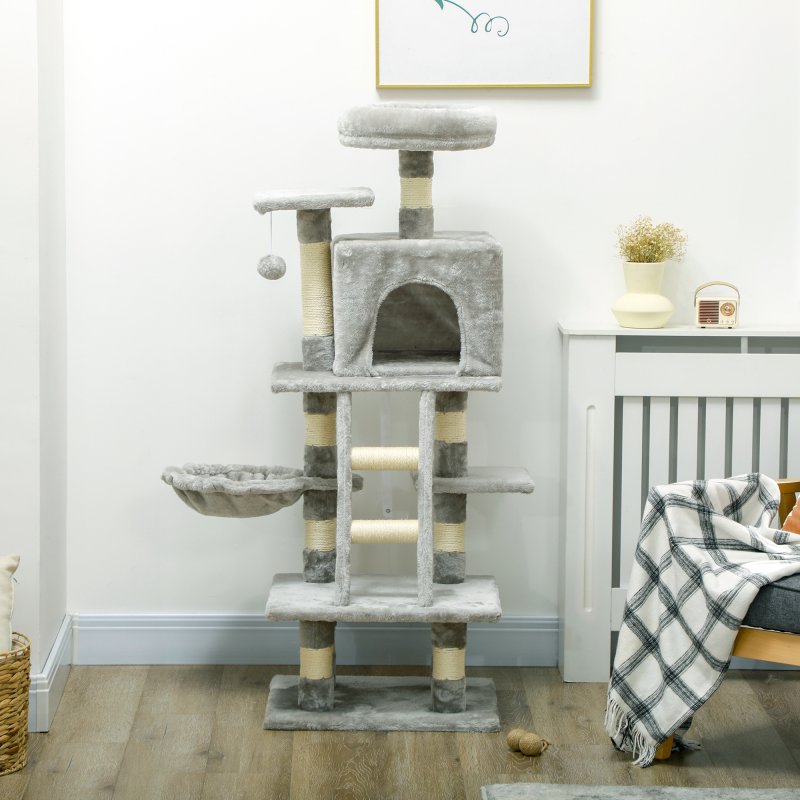 PawHut 132cm Cat Tree for Large Cats, Cat Activity Centre with Scratching Posts, Hammock, Cat House, Bed, Perches, Ladder, for Indoor Use - Grey