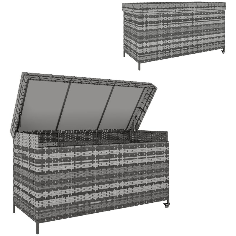 Outsunny 627 L Rattan Garden Storage Box, Outdoor Garden Cushion Storage Box with Gas Lift Lid and Wheels, Outdoor Rattan Chest Container for Cushions, Pillows and Tools, Dark Grey