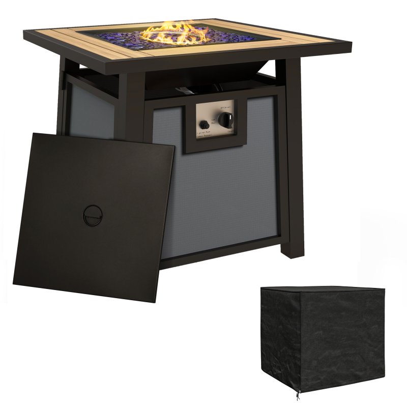 Outsunny Propane Gas Fire Pit Table, 50000 BTU Smokeless Firepit Outdoor Patio Heater with Waterproof Cover, Glass Beads and Lid, 71 x 71 x 66.5cm, Dark Grey