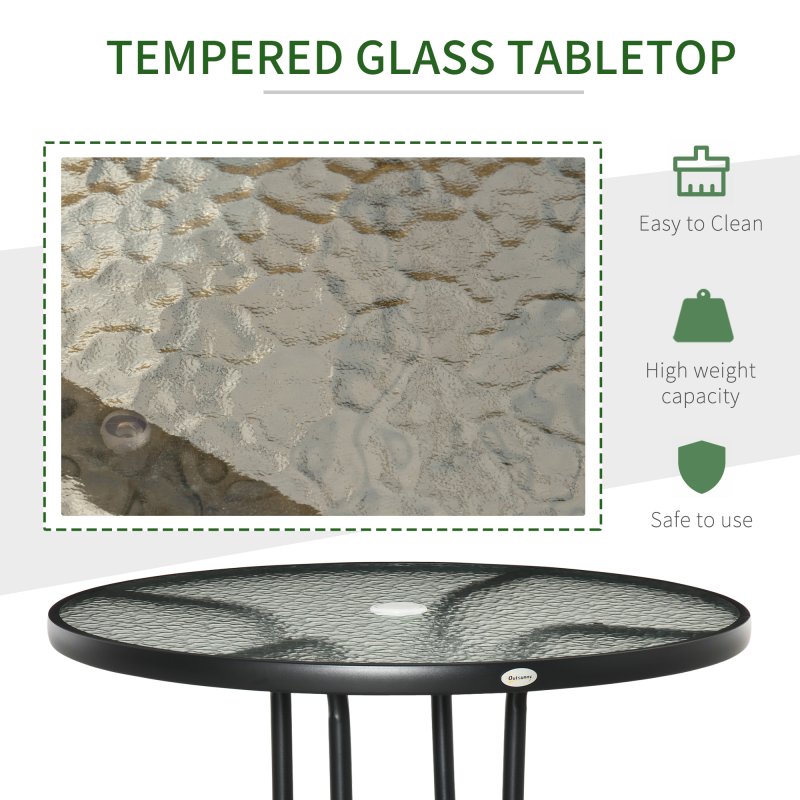 Outsunny 80 cm Round Dining Table with Parasol Hole, Outdoor Coffee End Side Table with Tempered Glass Top, Steel Frame for Garden, Black