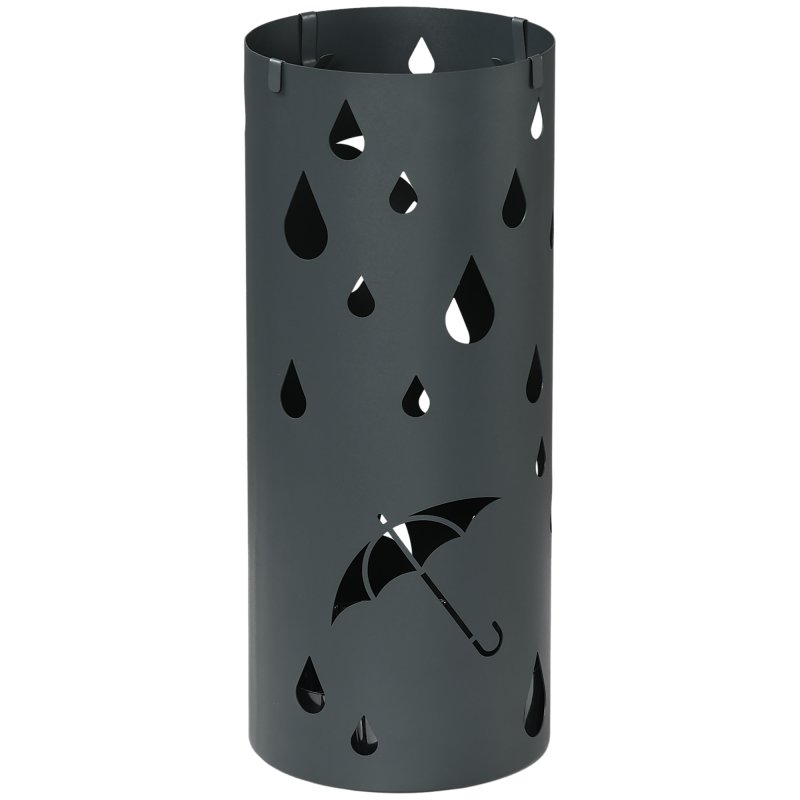 HOMCOM Steel Umbrella Stand, Round Umbrella Holder with 4 Hooks and Removable Drip Tray, Hollowed Umbrella Basket for Hallway, Dark Grey
