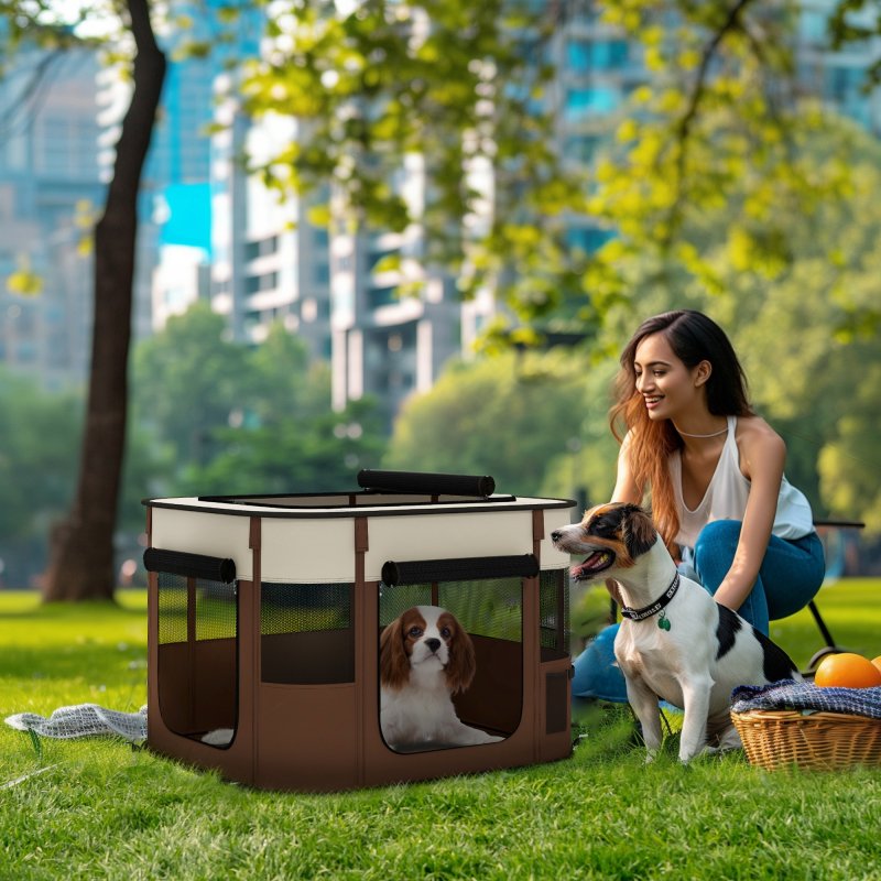 PawHut Dog Pen, Pet Playpen, Portable Foldable Dog Cat Playpen Soft Pet Cage with Storage Bag for Puppies, Rabbits, Kittens, Guinea Pigs, 74 x 60 x 45cm - Brown