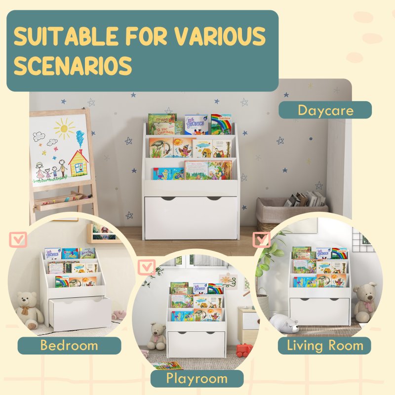 AIYAPLAY Kids Bookshelf, Bookcase Toy Storage Organizer with 3 Tier Shelves, Drawer, for Bedroom, Nursery, Playroom, Classroom, White